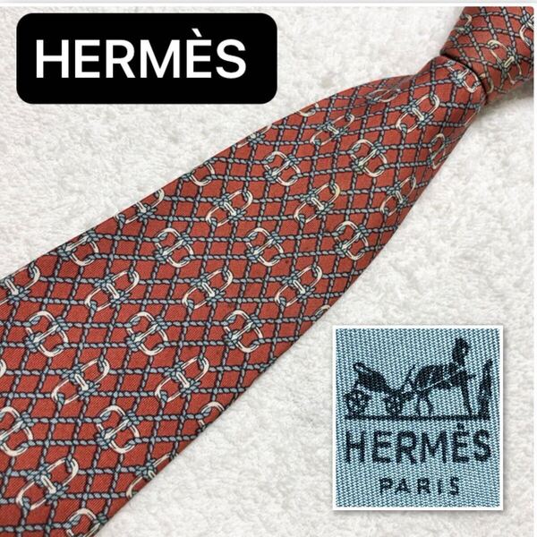 HERMES エルメス ネクタイ シェーヌダンクル ロープ 格子 シルク100% フランス製 エンジ系 ビジネス