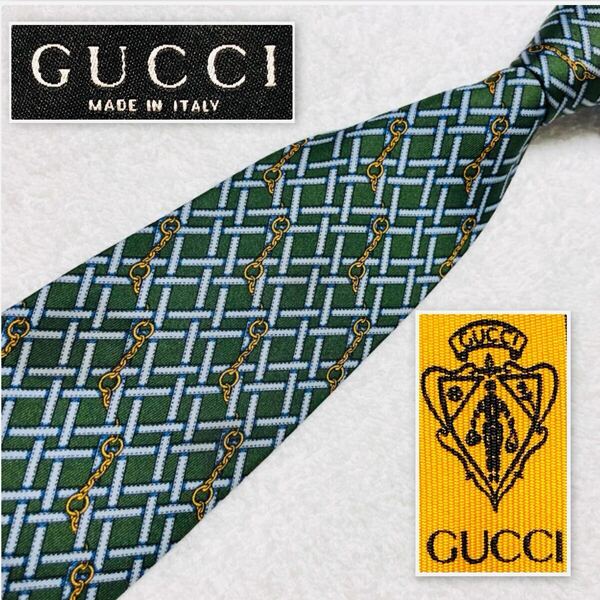 GUCCI グッチ ネクタイ ベルト 金具 チェック シルク100% イタリア製 グリーン ライトブルー ビジネス