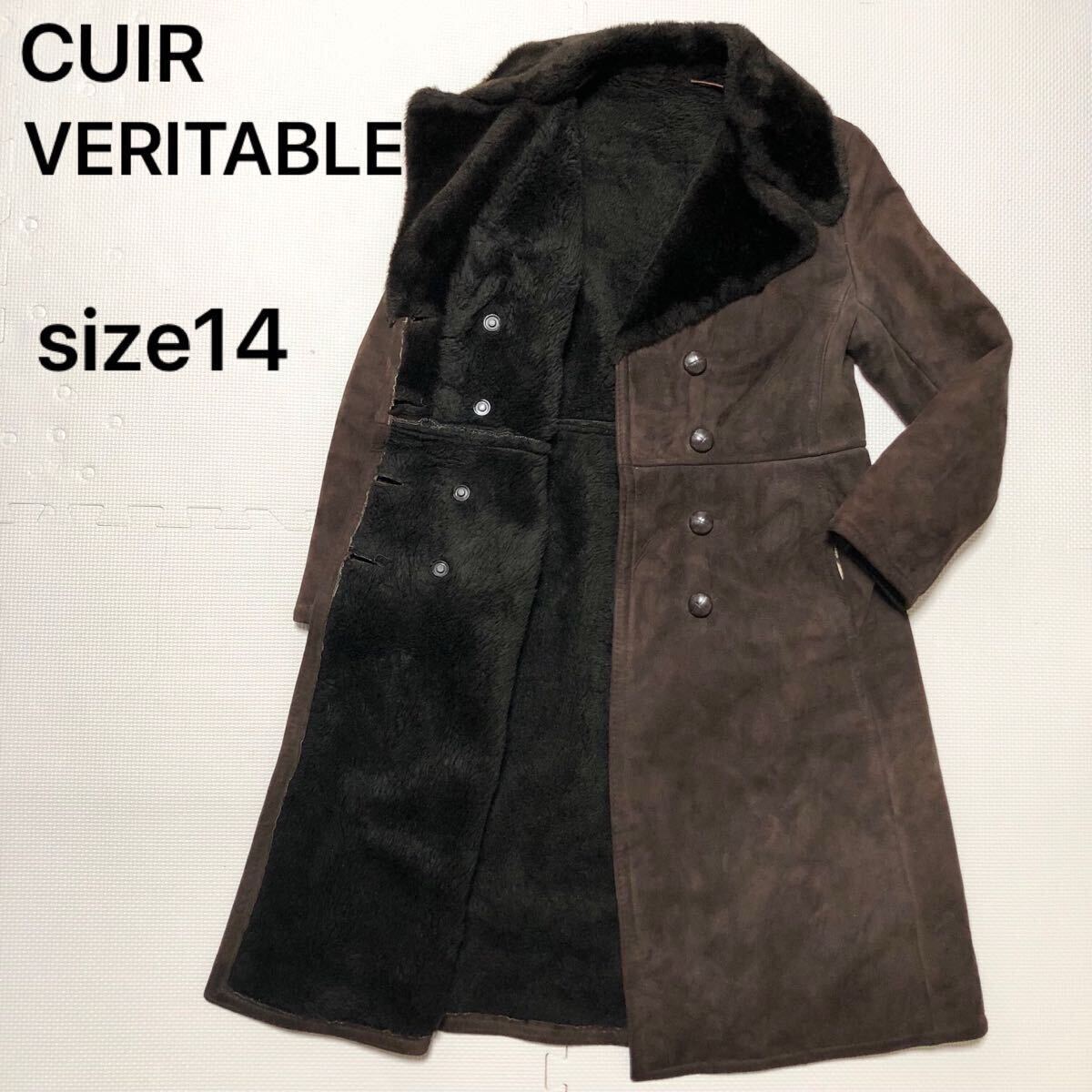 CUIR VERITABLE スエードダブルチェスターコート size14(LL) ブラウン系 女優襟 英国製 くるみボタン 内側ボア レディース