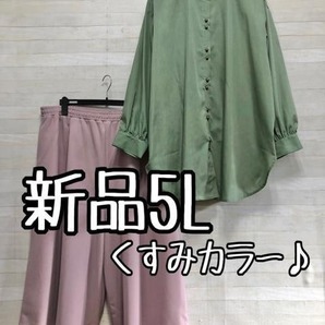新品☆5L♪くすみカラー♪ヴィンテージ風ブラウス&ワイドパンツ☆p551