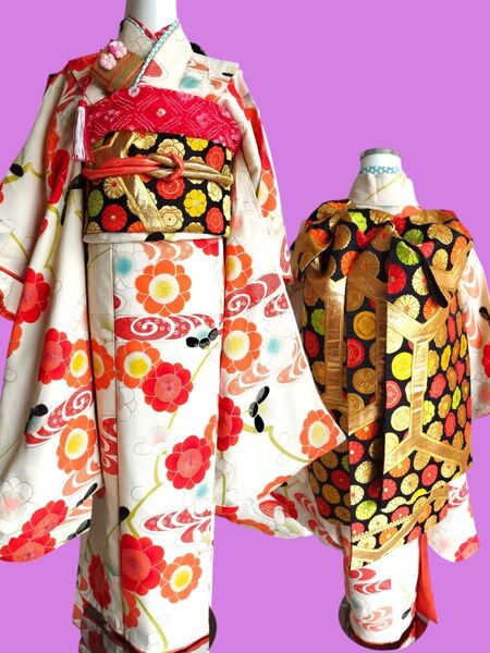アンティーククリーム色に梅の花の着物とだらりの帯セット