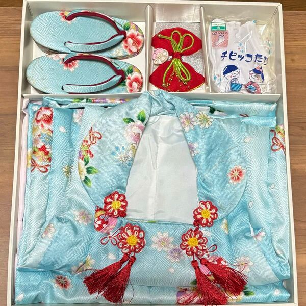 訳ありだけど…かわいい水色の七五三着物セット(襦袢・草履・リボン・足袋付き) 七五三 子供着物 女児用 襦袢セット