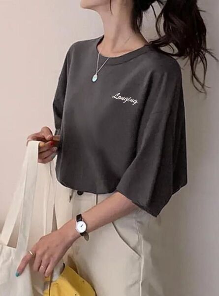 GRL グレイル ロゴ刺繍ビッグTシャツ チャコール