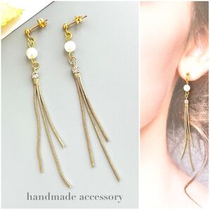 NO.349 ラインストーン×3連チェーン×コットン調パールのピアス/イヤリング/サージカルステンレス/金具変更無料☆