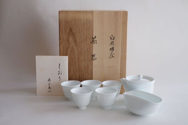 【未使用】白磁彫文茶器 人間国宝 井上萬二 茶器セット(急須・湯冷・茶碗)