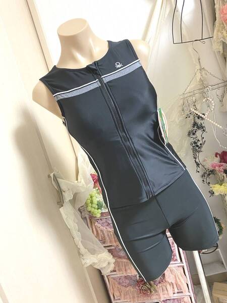 レディス水着9M:ニッキー【ベネトン/BENETTON.】フルジップノースリーブ水着*フィットネスタンキニ水着:BGY