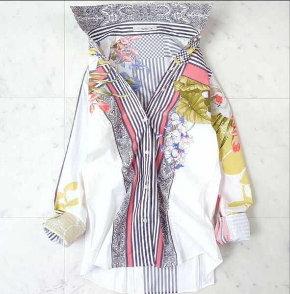 美品【イタリア製】エトロ ETRO スカーフ柄コットンシャツ 白 ストライプ
