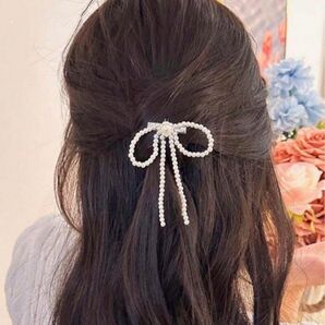 パールリボン ヘアクリップ 髪留め ワニクリップ ホワイト