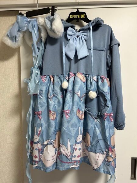 ロリィタ服セット アリス風 ウサ耳フードワンピース カスタム有り ウサ耳ヘッドドレス付き サイズL 美品