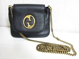 グッチ GUCCI チェーン ショルダーバッグ ダブルG ポシェット レザー 黒 ブラック ゴールド 東8513