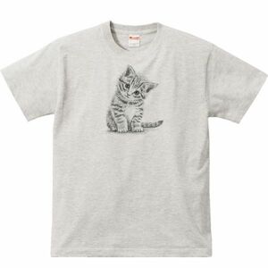 子猫（デッサン風 子ネコ）/半袖Ｔシャツ/メンズS/杢・新品・メール便 送料無料