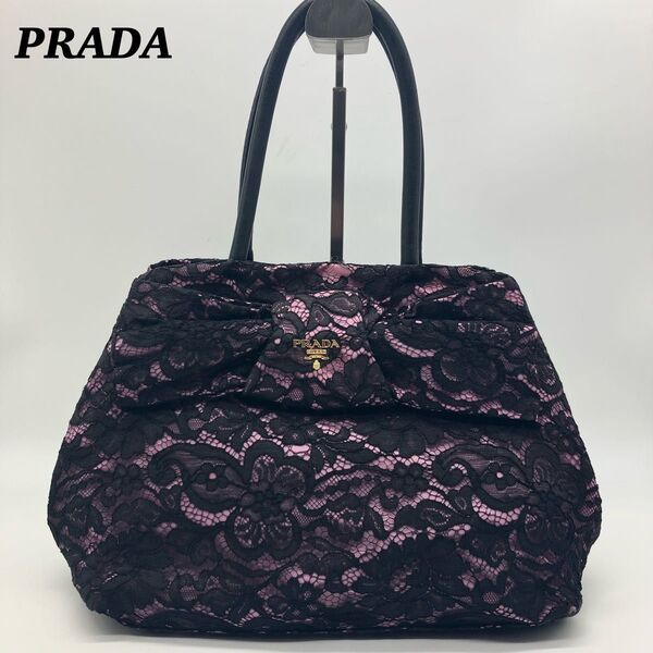 PRADA ハンドバッグ レース 花柄 ロゴ ブラック ナイロン レザー レディース