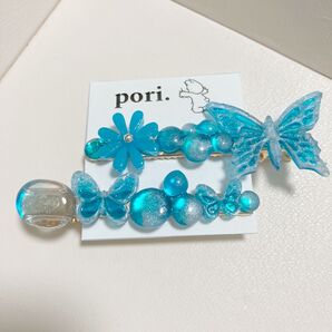 B12 ハンドメイド ヘアクリップ ホワイトシャインアクア