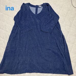 ina ワンピース コーデュロイ ワンピース チュニック ネイビー 七分袖