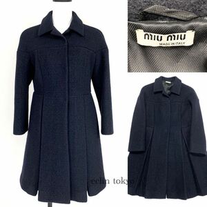 [E1725]MIUMIU MiuMiu { ultimate beautiful Silhouette!} top class wool 100% [ beautiful color navy ] pleat Flare coat 38{ adult pretty excellent article.!}