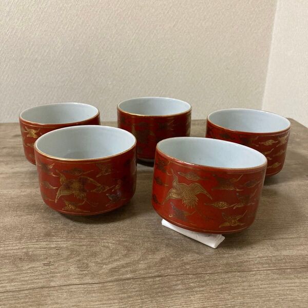 九谷 永楽造 古湯呑み 5客 金彩 赤絵 金蘭手 湯飲 ビンテージ