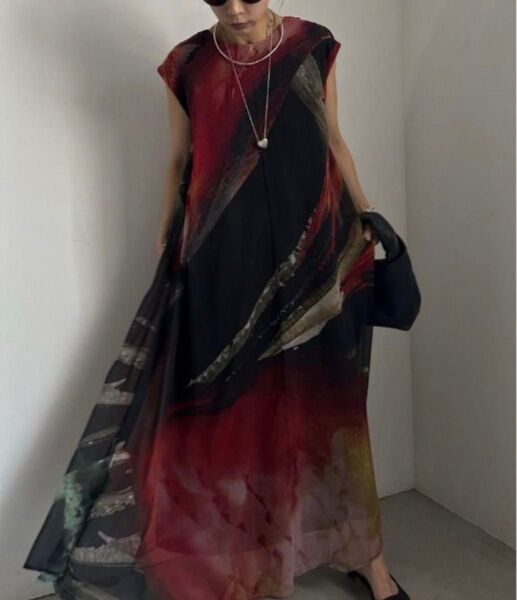 AMERI 2WAY ART PRINT SHEER DRESS