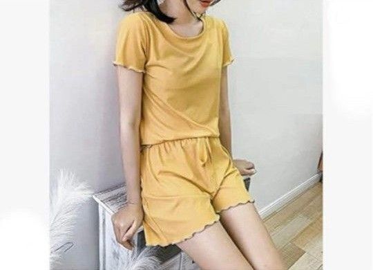女性用 可愛いパジャマ 半袖 ルームウェア 薄手 軽量 フリーサイズ 黄色