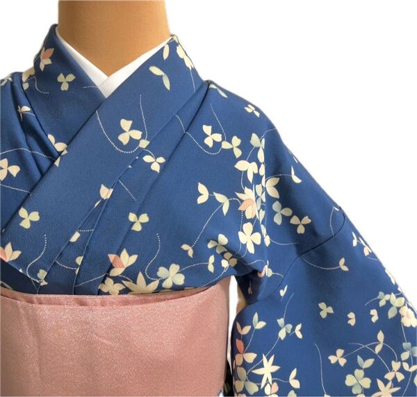 【C417】着物 小紋 袷 くすみの紺 対象身長~157㎝ 花文様