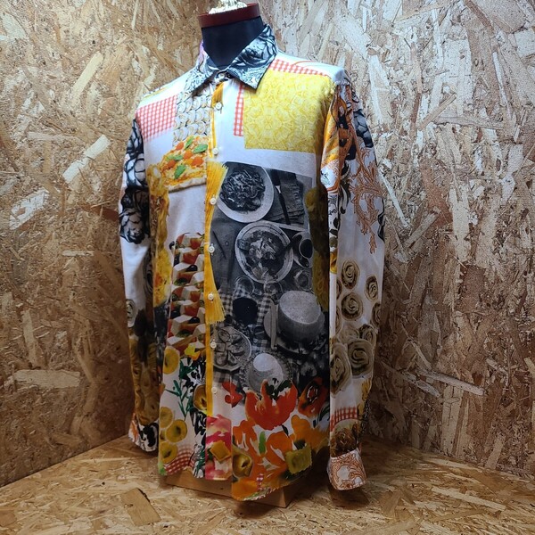 珍品【ETRO エトロ】イタリア製 151-1K167-4805 フード 食べ物 総柄 コットン 長袖シャツ size L