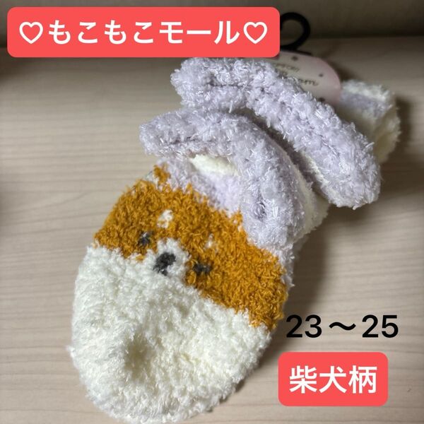 もこもこモール【柴犬】ルームソックス☆ショートクルー丈・23〜25・パープルボーダー