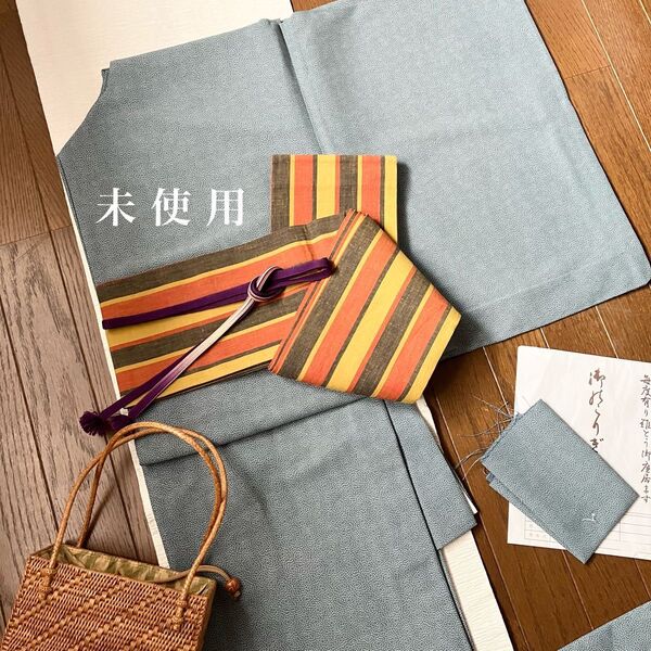未使用 鼈甲色・深縹・柘榴色 三色間道 綿紬半幅帯 小袋仕立て