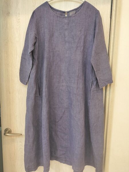 無印良品 MUJI Aライン ワンピース 麻 リネン100% ブルー M