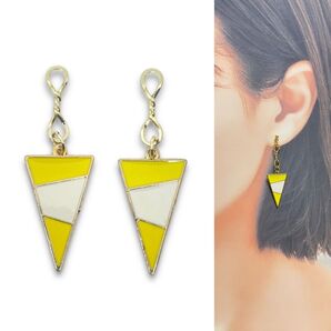 454.ゴールドツイスト×イエロー×ホワイト三角ピアス(イヤリング変更可)ハンドメイド
