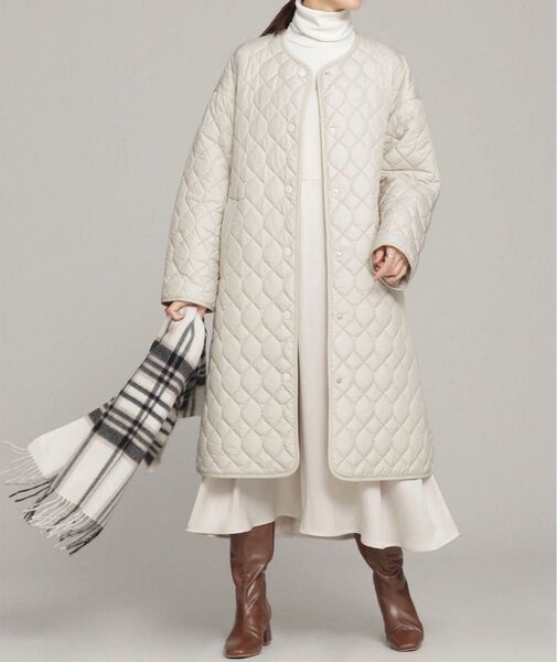 nano・universe 中綿キルティングノーカラーコート アイボリー M ・ L