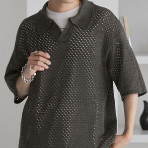 透かし網半袖メッシュニット ネイビー