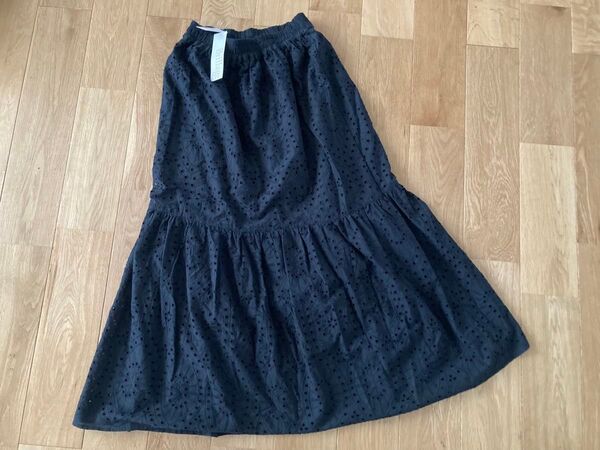 新品 Brillage 綿100% ロングスカート 黒 S〜M レース模様 ブラック