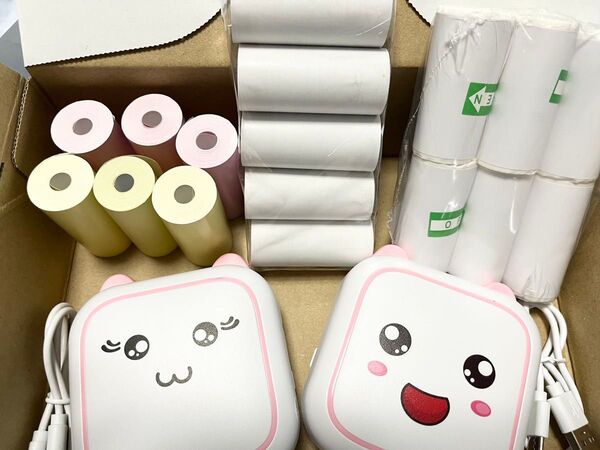 ピンク2台+ロール紙17本【通常紙白5本桃黄色各3本+シールロール6本セット】サーマルプリンター スマホプリンター ミニプリンター