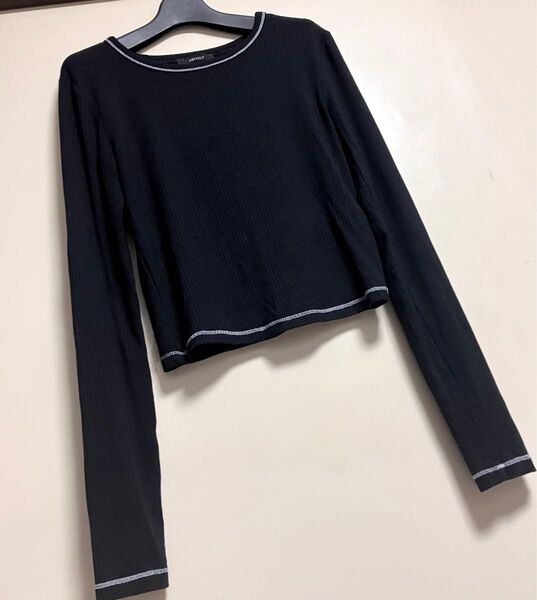 ☆ forever21 ステッチトリム リブ ロンT ブラック カットソー 長袖 黒
