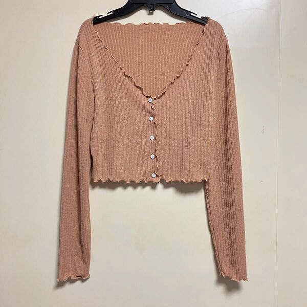 ☆ レタストリム クロップド カーディガン ベージュ ブラウン 長袖 トップス ニット Vネック ショート丈