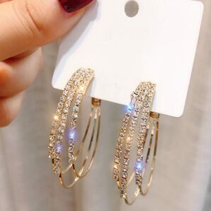 ラインストーンフープピアス