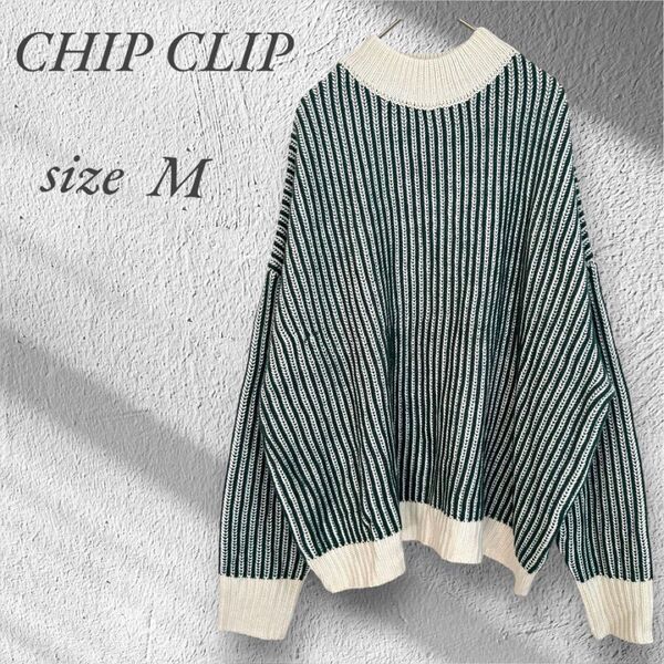 美品 チップクリップ ハイネックセーター M 緑白 ストライプ ニット2565
