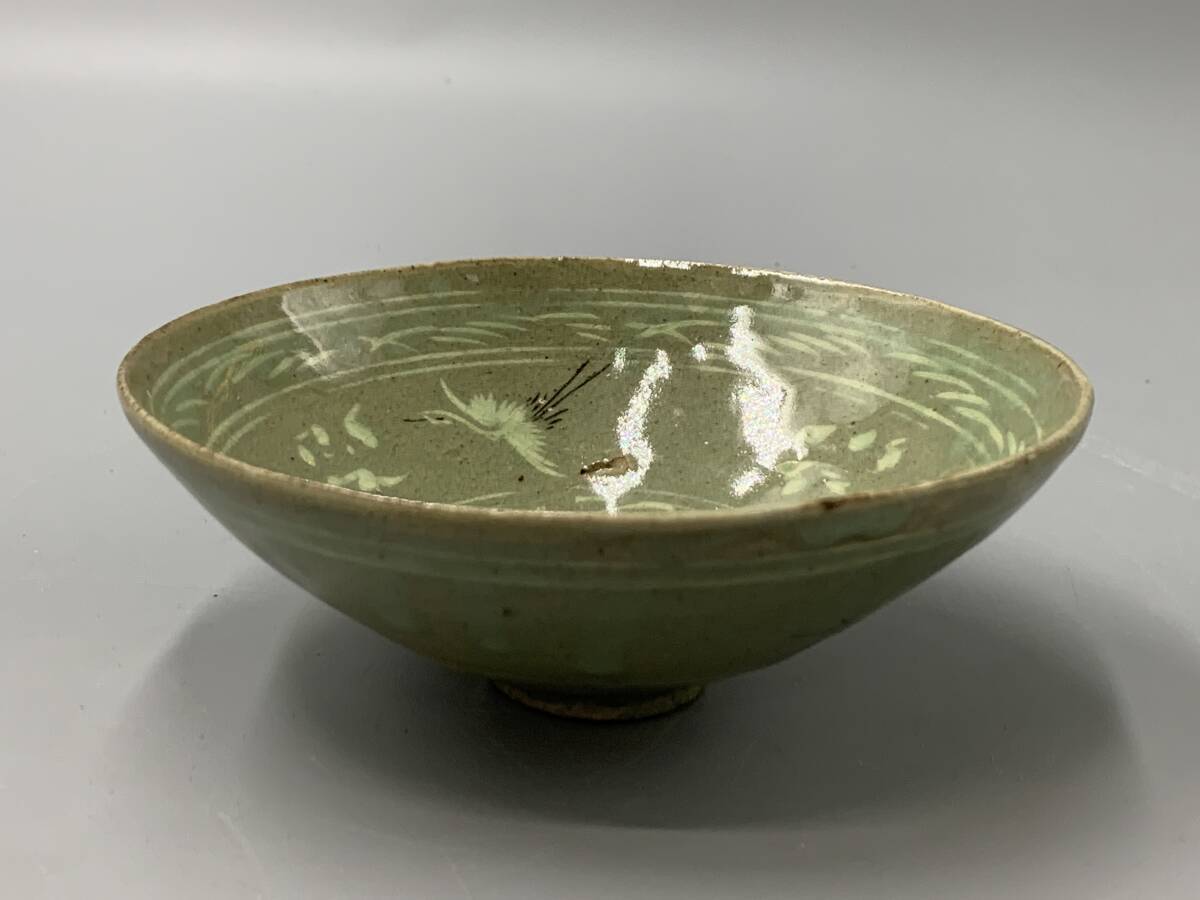朝鮮 高麗青磁 雲鶴図 茶碗 仕覆付 C 7619