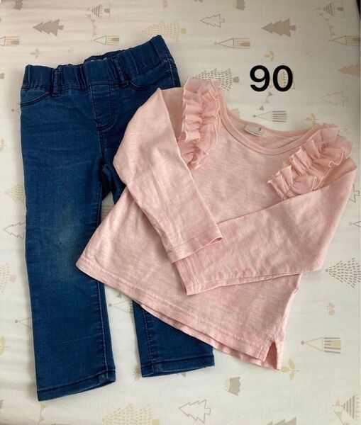 90cm女児服 petit main長袖Tシャツ baby Gapジーンズレギンス 2点セット