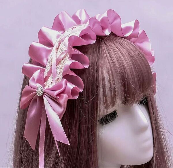 ヘッドドレス ピンク ヘアアクセサリー ヘアクリップ カチューシャ 髪留め リボン レース フリル 衣装 ロリ