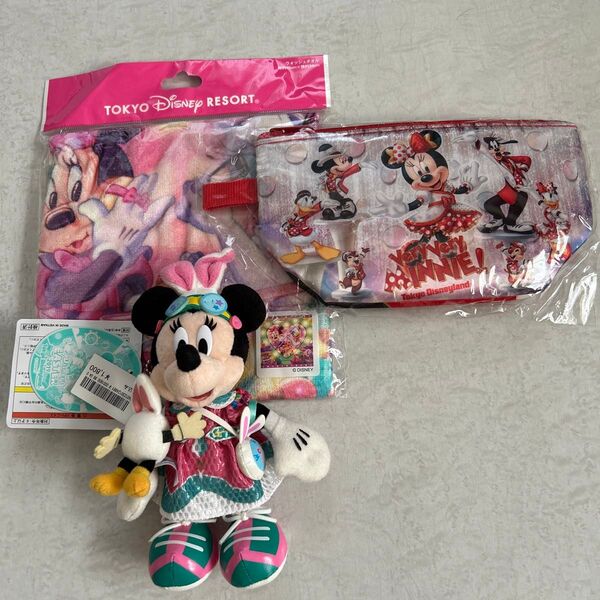 ミニー ぬいぐるみバッジ、ウォッシュタオル、スーベニアポーチ3点セット
