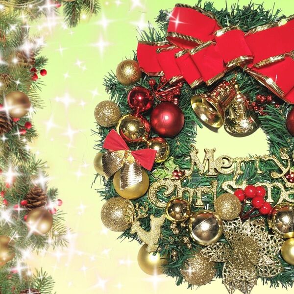 ★クリスマスセール★アレンジメント クリスマスリース ハンドメイドリース アレンジメント ゴールド&レッド パーティー飾り