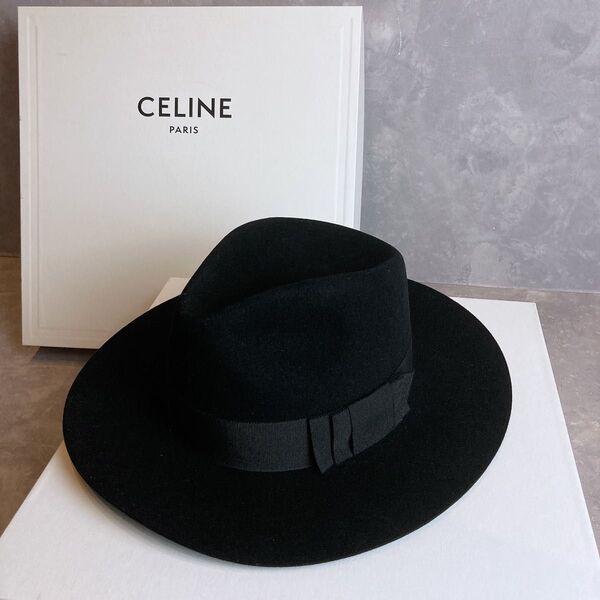 CELINE PARIS セリーヌ フェドラハット 中折れハット フェルト 帽子 イタリア製 ブラック ユニセックス 箱付き