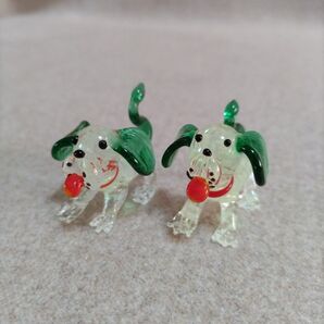 蓄光ガラス ガラス細工 みどりのわんこ犬さん 2個セット