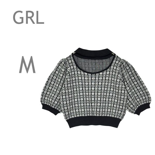GRL グレイル 幾何学模様 チョーカーデザインニット トップス 半袖 総柄 M