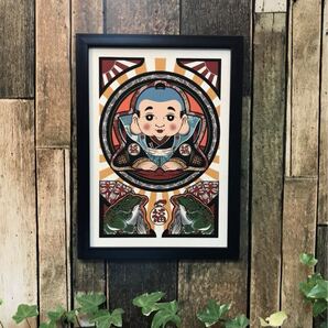 運気アップ 開運 招福 尾九 オリジナル イラスト 縁起物 福助 銭カエル A4サイズ アートフレーム