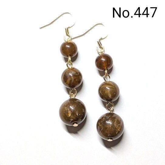 No.447 ハンドメイドピアス イヤリング 樹脂ピアス ブラウンマーブル3連 アクセサリー