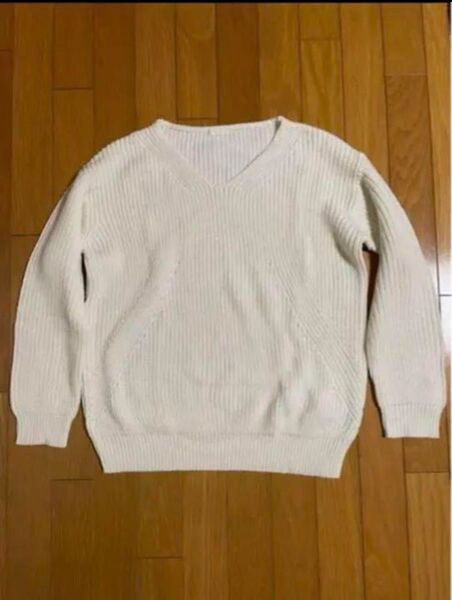 1-36 GU ワイドリブ ガーター編み ニット セーター Vネック 白