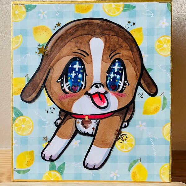 【わんこちゃん〜ビーグル〜】 ミニ色紙 手描きイラスト オリジナルイラスト 原画 小色紙