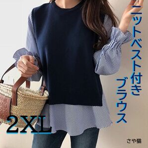 KNS03 ニットベスト付き ブラウス 2点セット 大きい プラスサイズ 2XL トップス 長袖