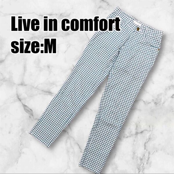 【リブインコンフォート】カジュアルパンツ ウエストゴム チェック柄 グリーン系 秋冬 M ストレッチ グレンチェック スラックス